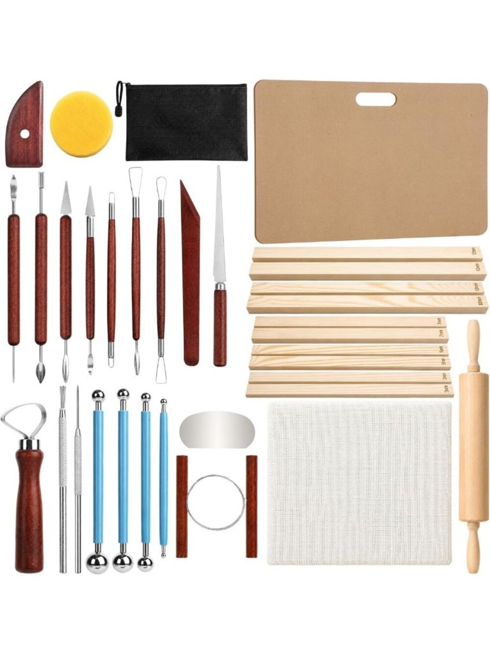 34Pcs Clay Sculpting Tools Set - Pottery Carving, Rolling Pin, Wedging Board